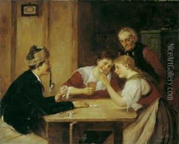 Beim Kartenspiel. Ol Auf Leinwand. H 55; B 68 Cm. Oil Painting - Hugo Oehmichen
