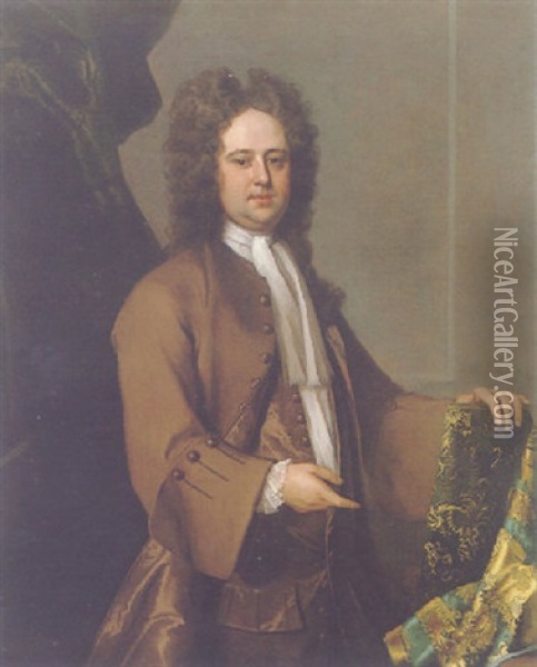 Portrait Of A Gentleman Wearing A Brown Coat, With A Blue Silk Brocade Oil Painting - Michael Dahl