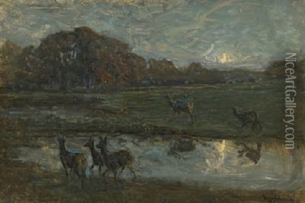 Nightscape With Deers Oil Painting - Viggo Johansen