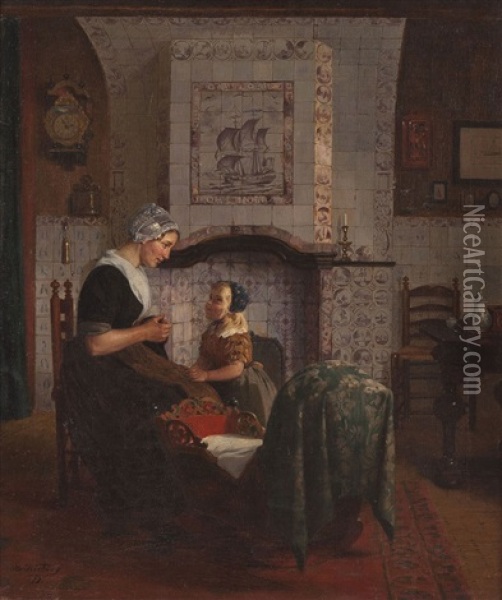 Mutter Mit Ihrer Tochter An Der Wiege Oil Painting - Otto Kirberg