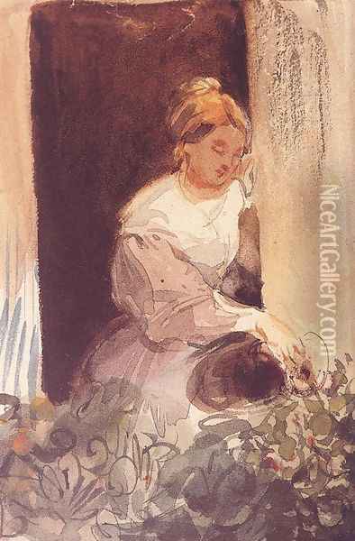 Fiatal no viragot ontoz az ablakban, 1847 Oil Painting - Karoly Brocky
