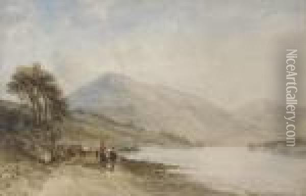 Travellers Walking Alongside A Lake Oil Painting - William Leighton Leitch