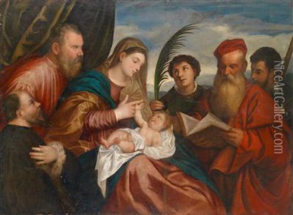 'sacra Conversazione': Madonna Mit Dem Kind Oil Painting - Tiziano Vecellio (Titian)