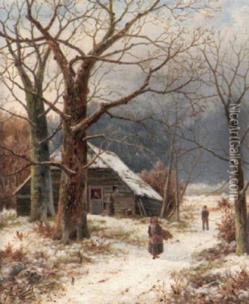 Reisigsammlerin Vor Kate Im Winterwald Oil Painting - Johannes Hermanus Barend Koekkoek
