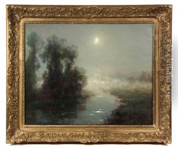 Moonlit Misty Stream Oil Painting - Francois Charles Cachoud