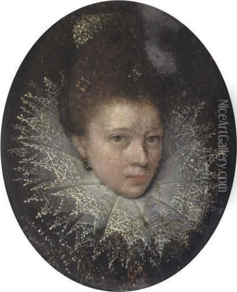 A Young Lady, In Black Dress 
With Elaborate Ruff, Jewels In Her Upswept Hair; And A Lady In Low-cut 
Black Dress With White Underslip, Pearl Choker, Lace And Red Ribbon In 
Her Hair (dutch School, Circa 1700) Oil Painting - Frans Pourbus