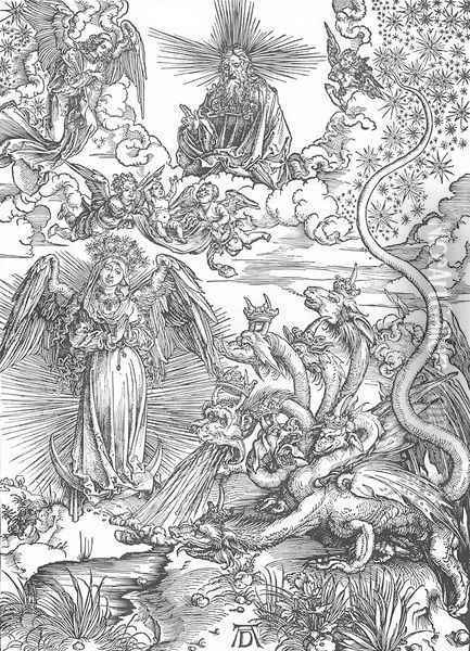 The Revelation of St John, 10. The Woman Clothed with the Sun and the Seven-headed Dragon) Oil Painting - Albrecht Durer