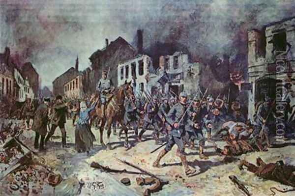 German troops entering the city of Ortelsburg during the battle of Tannenberg Oil Painting - Georg Koch