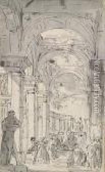 Architectural Design With A Grand Archway Oil Painting - Giovanni Niccolo Servandoni