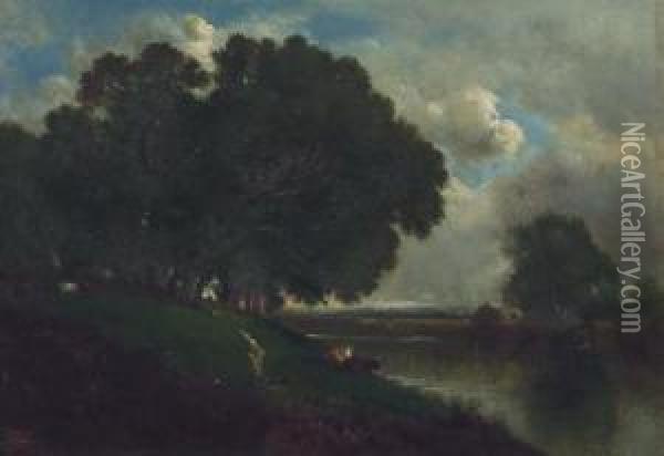Cattle Resting Along A River Oil Painting - David Johnson