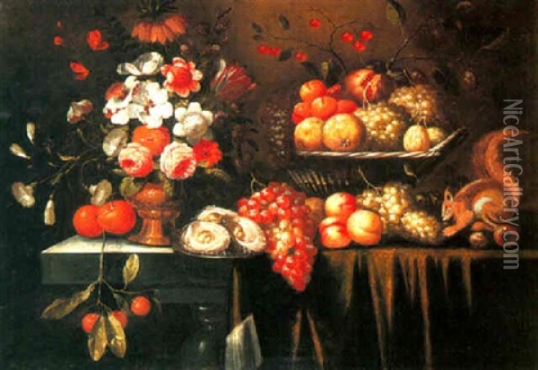 A Still Life Of Fruits And Flowers With A Squirrel On A Ledge Oil Painting - Jan Pauwel Gillemans The Elder