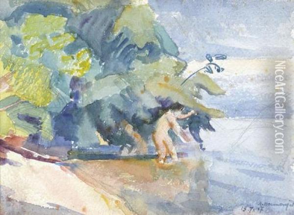Strand Mit Baumen Und Badenden Oil Painting - Abraham Hermanjat