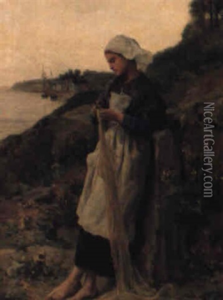 Jeune Bretonne Raccomodant Un Filet Oil Painting - Jules Breton