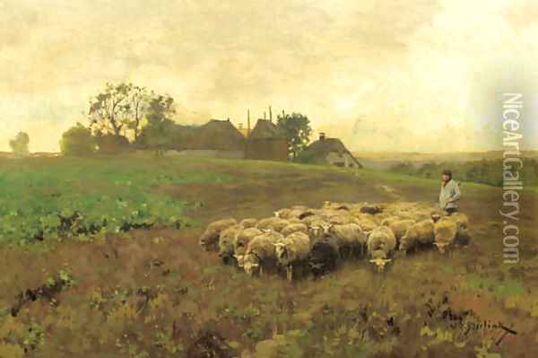 A shepherd with his flock by a farm Oil Painting - Willem II Steelink