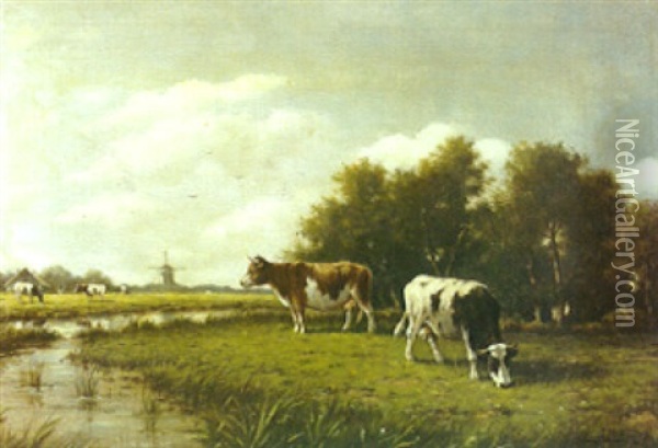 A Pastoral Scene With Cows Grazing By A Stream And A Windmill Beyond Oil Painting - Adriaan Marinus Geyp