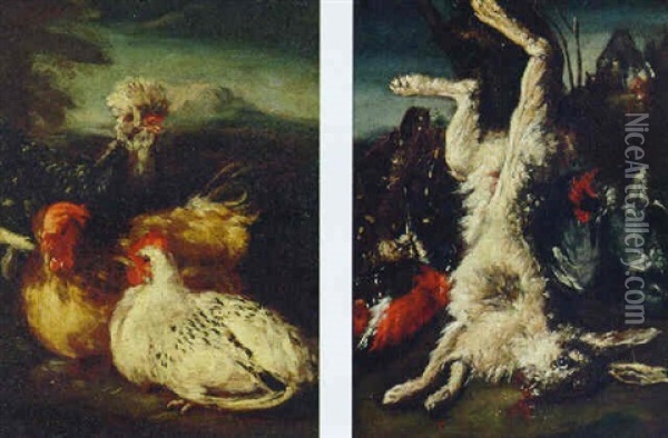 A Cockerel And Hens In A Landscape Oil Painting - Francesco (Imperiali) Ferdinandi