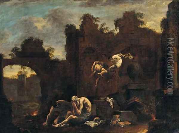 A capriccio of ruins with Saint Antohny tormented by demons Oil Painting - Alessandro Magnasco