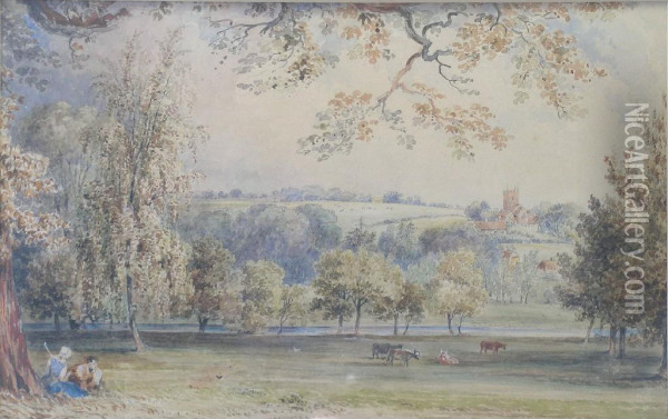 View Of Tichborne Church, Hampshire Taken From The Grounds Oftichborne Park Oil Painting - George Frederick Prosser