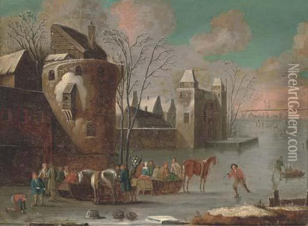 A Frozen River Landscape With Skaters Oil Painting - Thomas Heeremans