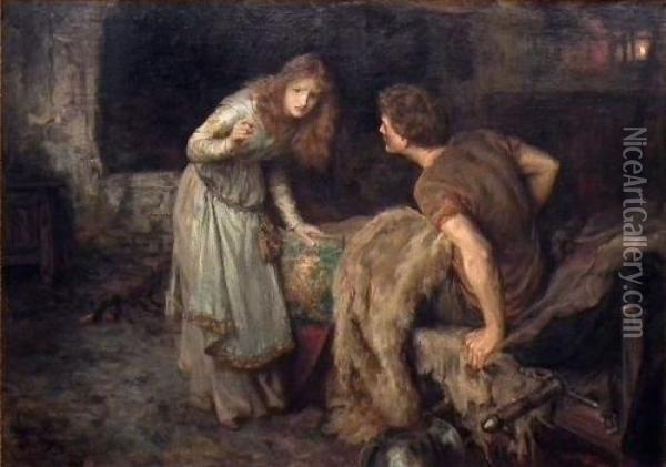 Enid - Then Breaking His Command
 Of Silence Given She Told Him All That Earl Limours Had Said Oil Painting - Francis Sydney Muschamp