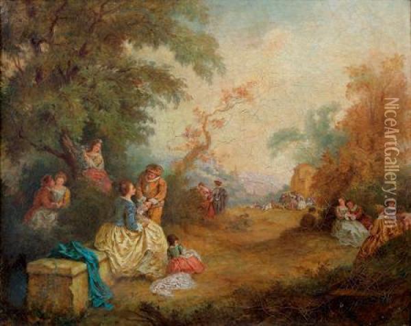 Scene Galante Sous Des Frondaisons Oil Painting - Watteau, Jean Antoine