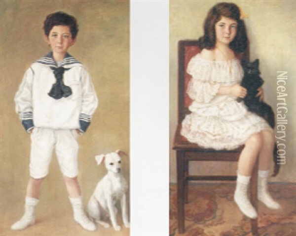 Portrait Of A Young Boy Wearing A Sailor Suit, A Small Dog At His Feet Oil Painting - Eduard Adrian Dussek
