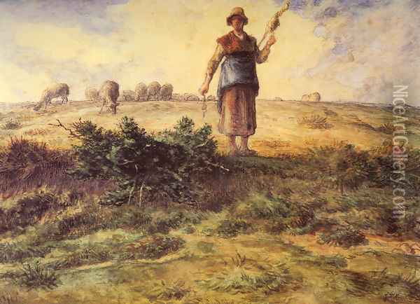 A Shepherdess And Her Flock Oil Painting - Jean-Francois Millet