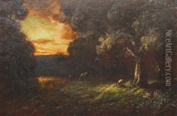 Under The Oaks Oil Painting - Jules R. Mersfelder
