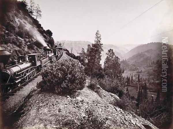 Central Pacific Railroad Train and Coaches in Yosemite Valley, 1861-69 Oil Painting - Carleton Emmons Watkins