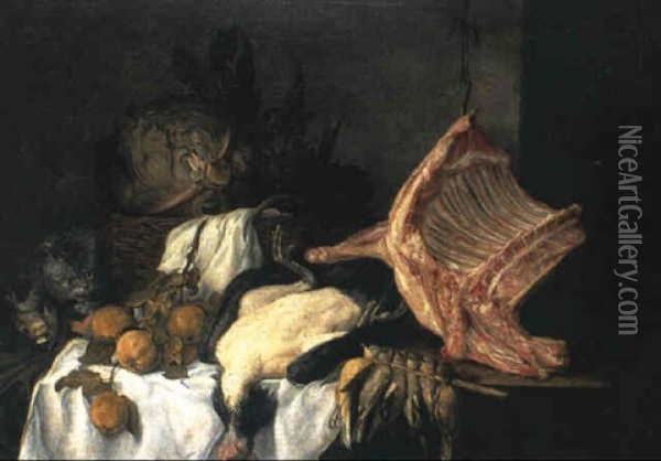 Nature Morte Au Panier De Legumes, A La Piece De Boeuf... Et Au Chat Oil Painting - Peter Gysels