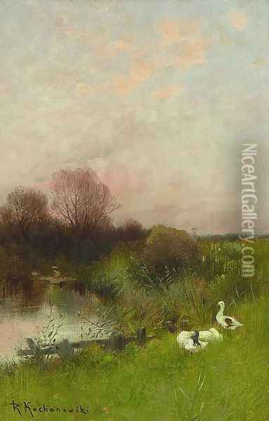 Landscape with Geese Oil Painting - Roman Kochanowski