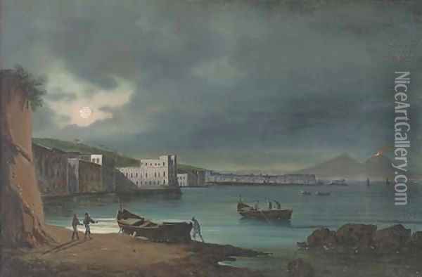 Fishermen at the Bay of Naples by night, Vesuvius beyond Oil Painting - Neapolitan School