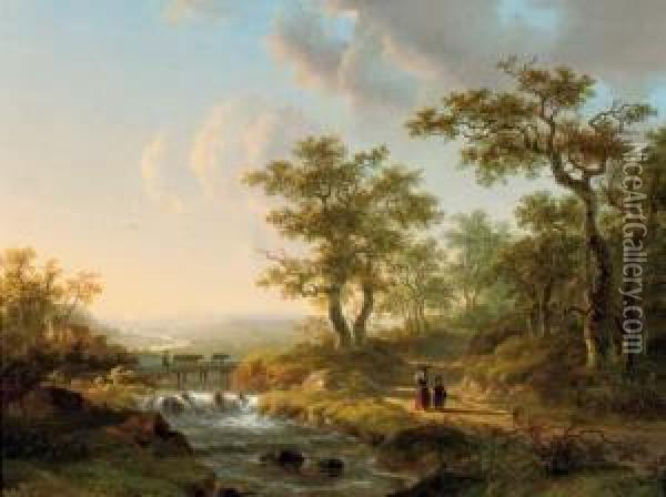 Along The River In An Undulating Summer Landscape Oil Painting - Willem De Klerk