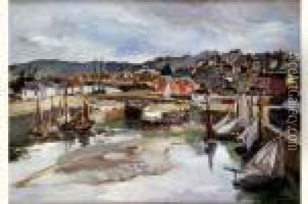 Vue Panoramique D'honfleur Et Du Bassin A Maree Basse, Circa 1929 Oil Painting - Marcel Leprin