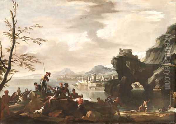 A Mediterranean coastal Landscape with Banditti in the foreground Oil Painting - Jacob De Heusch
