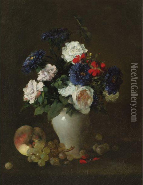 Assorted Flowers In A Vase With Grapes And A Peach On A Table Oil Painting - Antoine Vollon