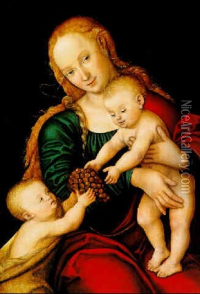 The Virgin And Child With The Infant Saint John Proferring A Bunch Of Grapes Oil Painting - Lucas Cranach the Younger