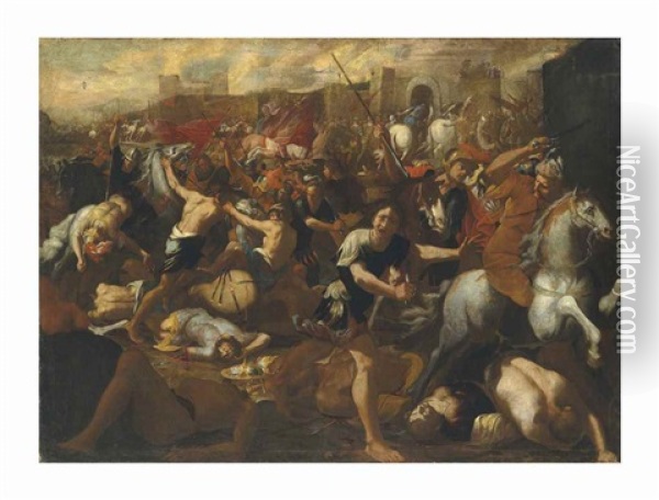 The Battle Between The Israelites And The Amalekites Overlooked By Moses, His Arms Held Aloft By Aaron And Hur Oil Painting - Aniello Falcone