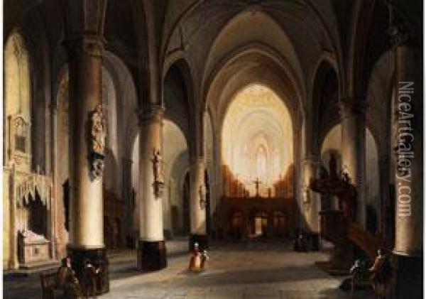 Grosses Kircheninterieur Mit Figurenstaffage Oil Painting - Jean-Baptist Tetar Van Elven