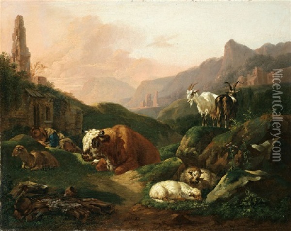 Sudliche Gebirgslandschaft Mit Lagernder Viehherde Und Schlafendem Hirten Oil Painting - Johann Heinrich Roos