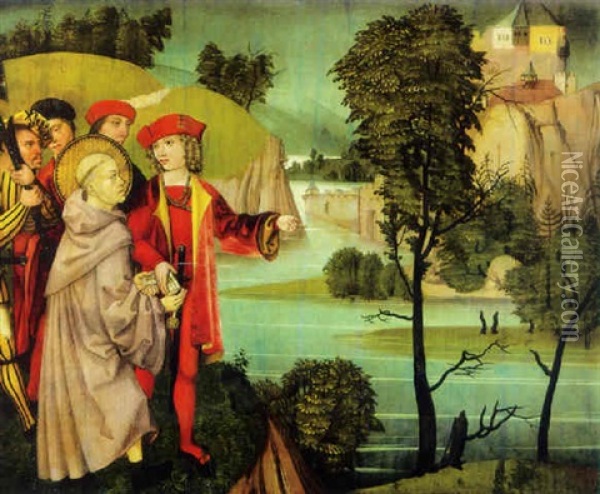 Personnages Et Moine Arrivant En Vue D'une Abbaye Oil Painting - Hans Leu the Younger