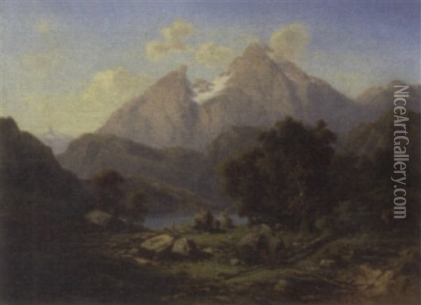 Travellers Resting In An Alpine Landscape Oil Painting - Henri Baumgartner