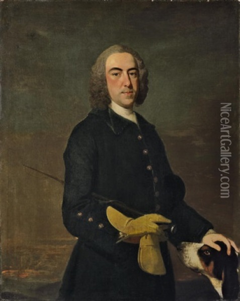 Portrait Of A Gentleman In A Green Coat, Holding A Riding Crop, With A Hound By His Side, In A Landscape Oil Painting - Thomas Hudson