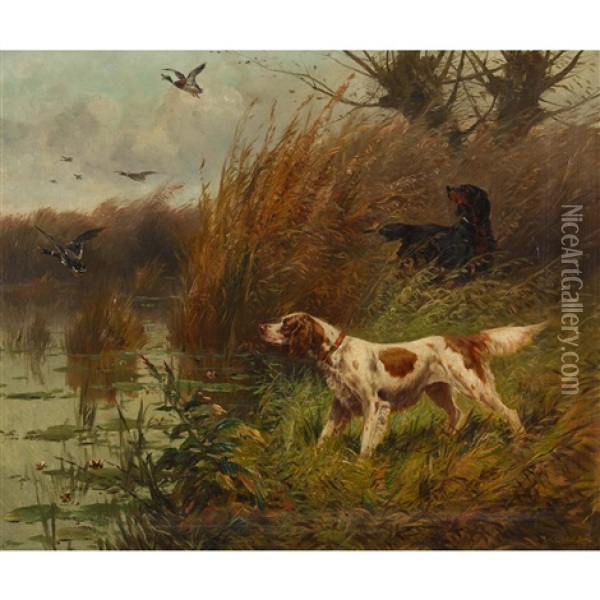 Herbstliches Ufer Mit Enten Und Jagdhunden Oil Painting - Victor Marcou