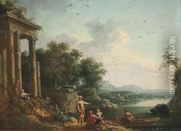 Une Famille De Pecheurs Devant Les Ruines D'un Temple Oil Painting - Jean-Baptiste Claudot De Nancy