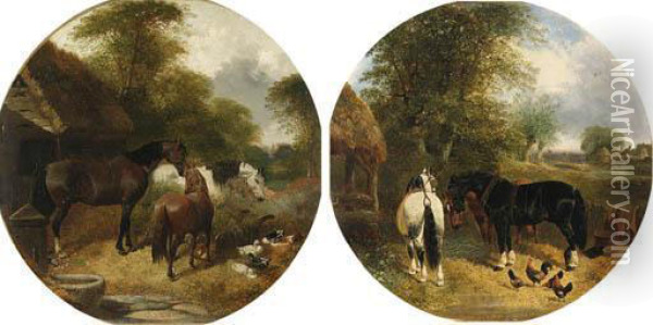 Horses And Duck In A Farmyard; And Plough Horses And Chickens In Afarmyard Oil Painting - John Frederick Herring Snr