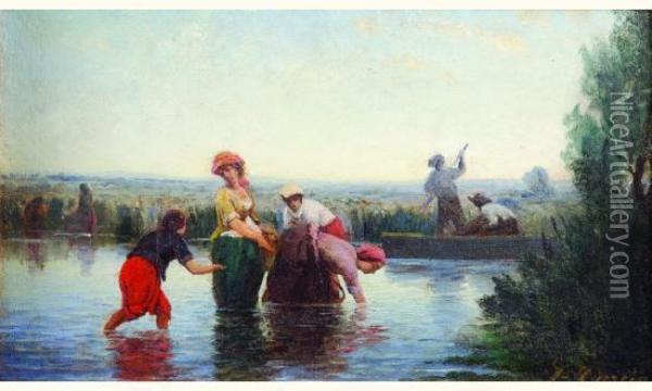 Femmes A La Riviere Oil Painting - Louis-Marius Garcin