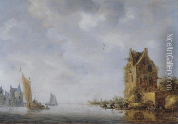 A River Landscape With Barges And Smalschips, A Fortified Town In The Distance Oil Painting - Wouter Knijff