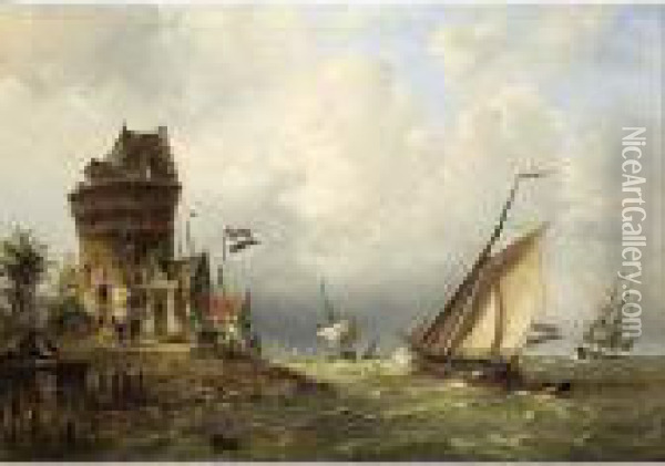 Dutch Sailing Vessels Near The Coast Oil Painting - Nicolaas Martinus Wijdoogen