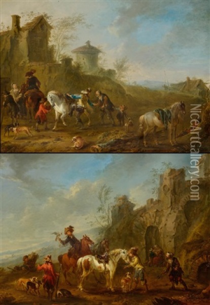 Pair Of Works: Traveller On Horseback In A Landscape/farrier Before A Rocky Cave Oil Painting - August Querfurt